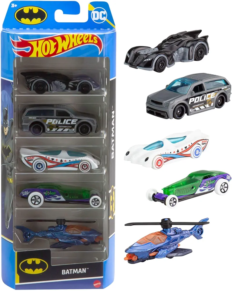 Mattel Hot Wheels Paquete de 5 coches de juguete, juego de 5 vehículos de e inspirados en la franquicia DC Super Hero, incluye Batmobile